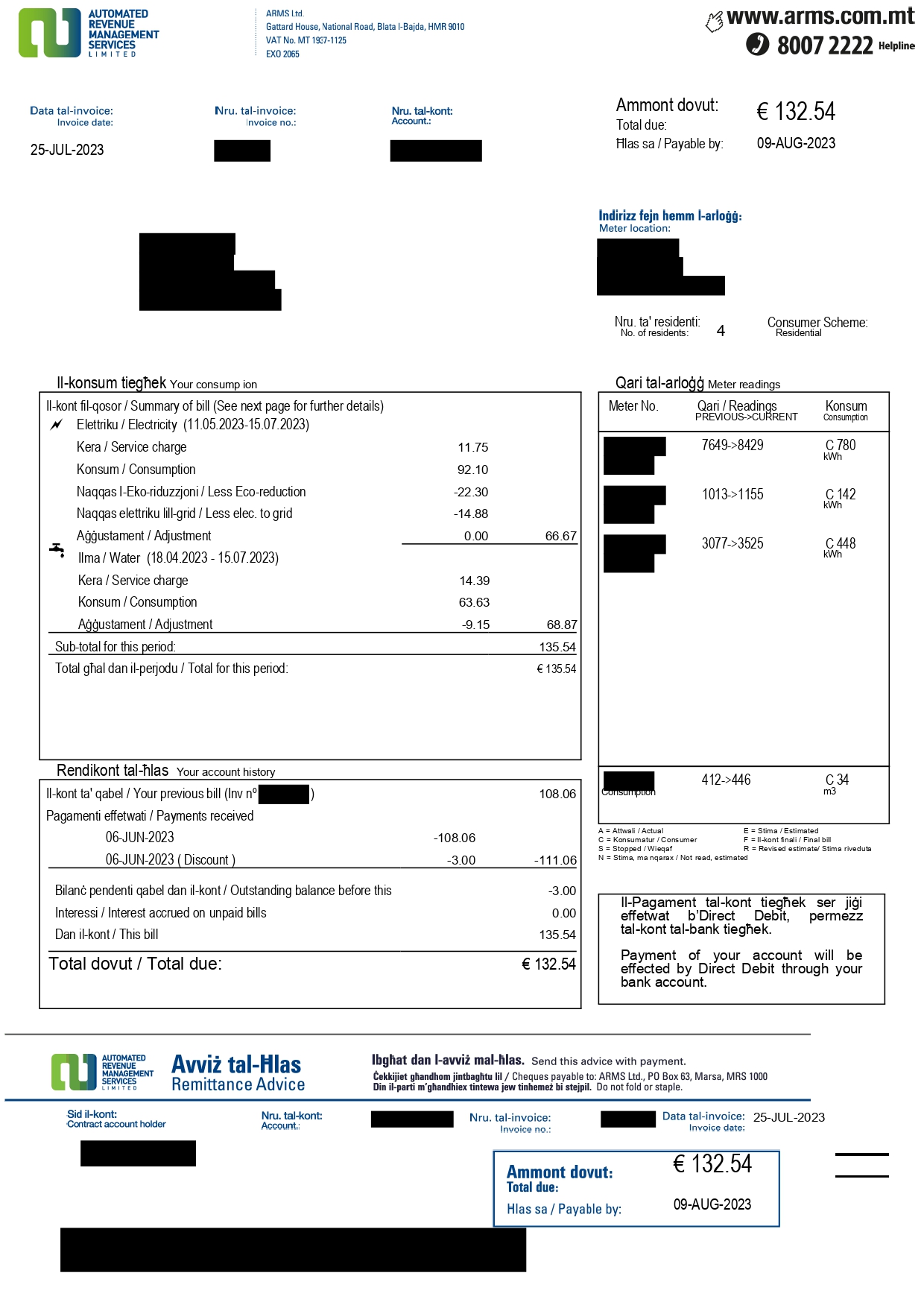 Page 1 of a sample ARMS bill