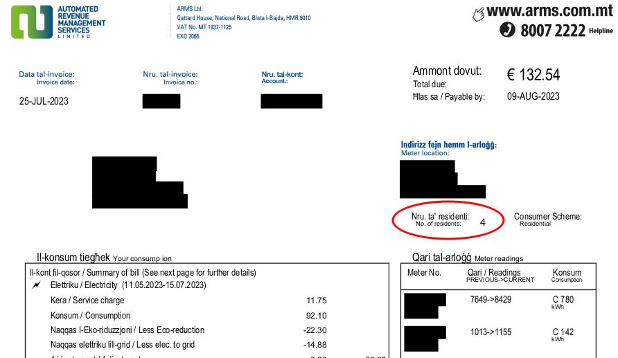 Sample ARMS bill showing number of residents